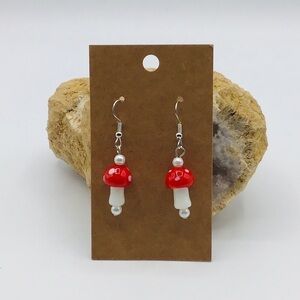 MAGIC Mushroom Earrings Y2K Festival Lampwork Glass Red White Silver Mario Comic